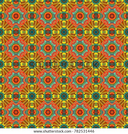 Seamless pattern in orange, brown and blue colors. Background with tiles and rhombus. Geometrical seamless ornament.