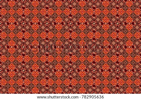 Technologic fabric tile card cover print badge. Geometric design template with red, brown and orange elements. Raster seamless pattern. Background, texture with pop art effect.