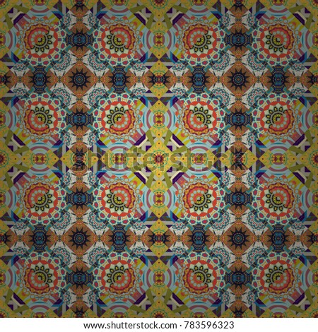 Kaleidoscope geometric style in orange, yellow and blue colors. Texture with flowers for use in textile design or wrapping paper. Stylized vector ornament. Beautiful abstract seamless pattern.