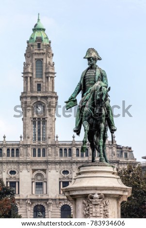 Bronze equestrian statue of Peter IV of Portugal in Porto, sculpted by Celestin Anatole Calmels in 1866.