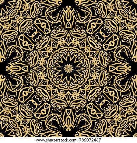 fashion seamless pattern with round lace ornament. floral style. vector illustration. black gold color