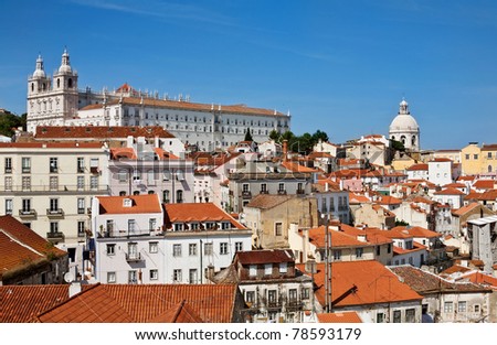 Panorama of old traditional city of Lisbon with red roofs
