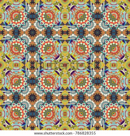 Abstract traditional seamless pattern with oriental elements in blue, orange and yellow colors. Classic round vintage pattern. Elegant vector ornament in classic style.