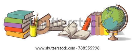 Still life with stationery items. Books, writing tools in a cup, globe and protractor. Colored retro style vector illustration