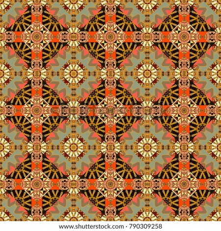 Seamless striped and Mandalas pattern. Simple ornament. Ethnic and tribal motifs. Vintage print in beige, yellow and brown colors, grunge texture.