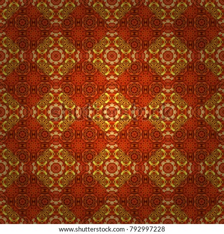 Ethnic print for fabric. Indian, Arabic, Moroccan motives in red, orange and yellow colors. Vector stylized abstract flowers and Mandalas. Patchwork seamless pattern.