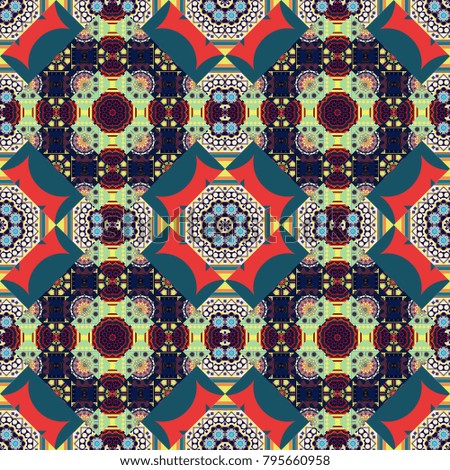 Blue, black and red vintage decorative elements. Oriental pattern, Islam, Arabic, Indian, turkish, pakistan, chinese, mystic, ottoman motifs. Flower Mandalas seamless pattern.