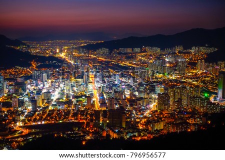 Beautiful cityscape of Busan at night time, South Korea.