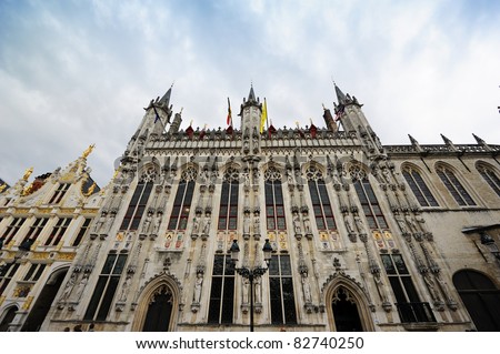 Belgium, Bruges, Stadhuis facade, one of the finest town halls in Belgium, built between 1376 and 1420. Useful file for your travel, architecture and heritage brochure about Belgium.