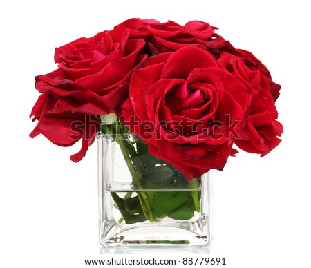 Beautiful red roses in a vase isolated on white
