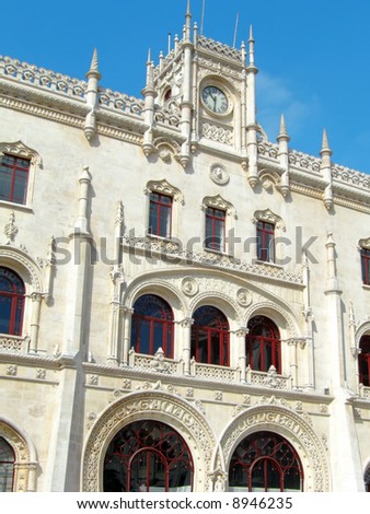 Rossio Lisbon central station, main entrance. Located in the historical center of Lisbon, was built in the typical manueline gothic style.