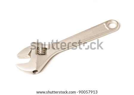 Adjustable wrench made of steel over white background with copy space