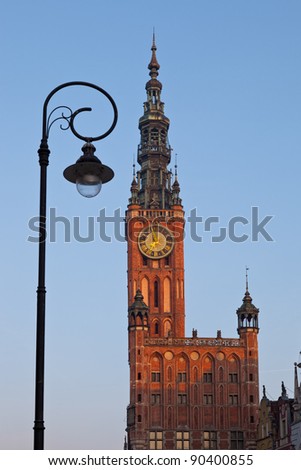 City Hall tower in the early morning sunshine. Gdansk, Poland.