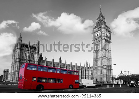 Big Ben  with red city bus in London, UK