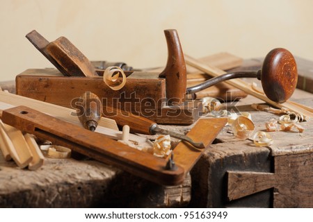 Set of carpenters tool at carpenters workshop