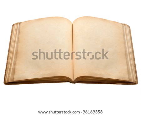 old book with blank yellow stained pages isolated over white background