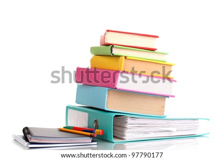 Bright office folder and books with stationery isolated on white