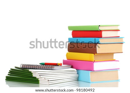 Bright office folders and books with stationery isolated on white