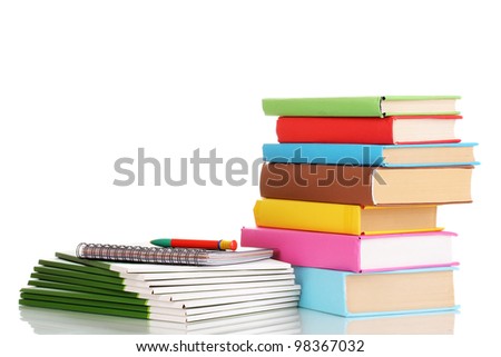 Bright office folders and books with stationery isolated on white