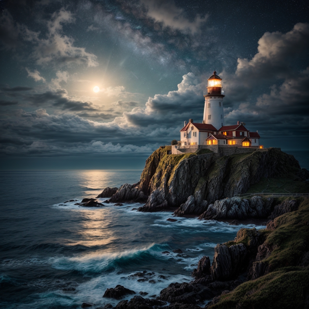 A captivating night scene illustration featuring an ancient lighthouse standing tall on a rocky island. The lighthouse, adorned with multiple windows, emits a warm glow, highlighting its intricate architecture and rich history. The rocky island is covered in lush green trees, reflecting on the calm, moonlit sea waters that mirror the silvery moonlight. The full moon graces the sky, casting an ethereal glow on the clouds and sea, while wispy clouds partially obscure its brilliance, adding to the scene's mystique. Twinkling stars dot the sky, creating a celestial tapestry that harmonizes with the moon's radiance. This enchanting artwork captures a serene and peaceful night, where the illuminated lighthouse stands resolute amidst the celestial beauty, creating a cinematic experience., illustration, cinematic