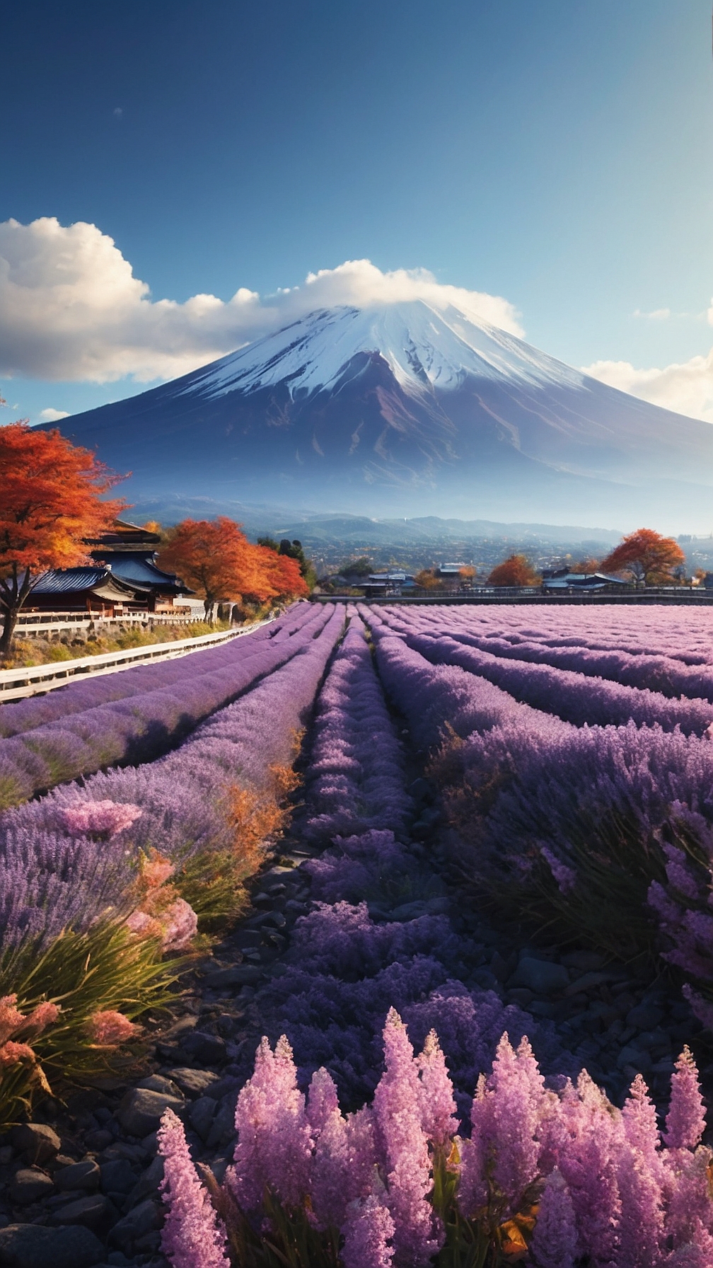 An ultra detailed, realistic, digital art, featuring Mt. Fuji: Showcase Japan's iconic landmark, Mt. Fuji, in different seasons and perspectives, from its majestic snow-capped peak to the surrounding fields of lavender or the autumn foliage at its base. happy accidents, exquisite detail, 30 megapixels, 4k, CanonEOS 5D Mark IV DSLR, 85mm lens, sharp focus, intricate detail, long exposure, f/2, ISO 100, shutter speed 1/125, diffuse backlighting, award-winning photograph, facing camera, looking into camera, monovision, perfect contrast, high sharpness, face symmetry, depth of field, ultra-detailed photography, raytracing, global illumination, smooth, ultra high definition, 8k, unreal engine 5, ultra sharp focus, award-winning photography