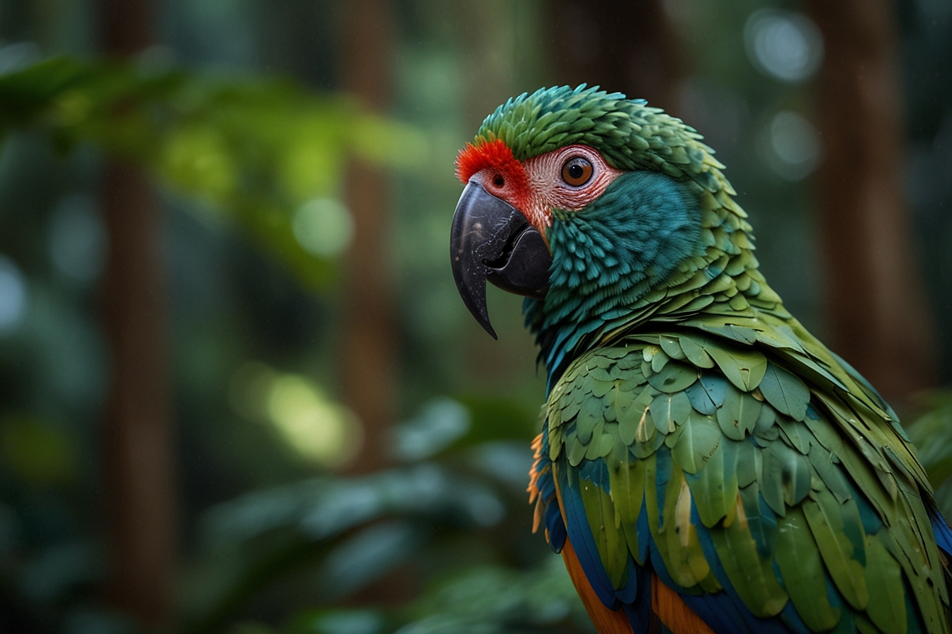 Capture the intricate patterns and vibrant hues of a tropical rainforest teeming with life.