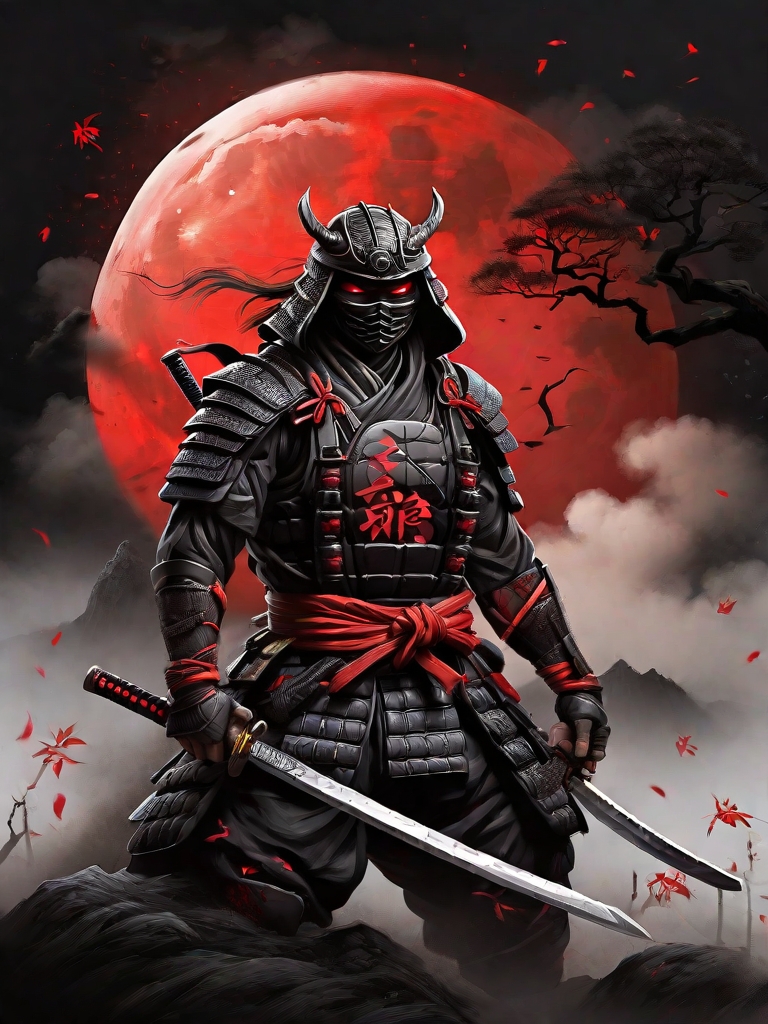 Ilustraction of ninja samurai with red moon for backround and little dark felling with red eyes